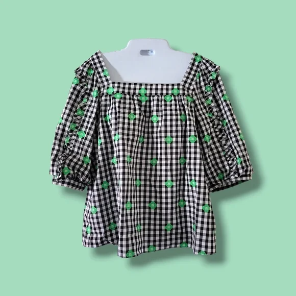 Kate Spade | NWOT Black/White Gingham Green Floral Embroidered Top - Picture 1 of 11